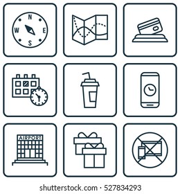 Set Of 9 Traveling Icons. Can Be Used For Web, Mobile, UI And Infographic Design. Includes Elements Such As Credit Card, Road Map, Call Duration And More.