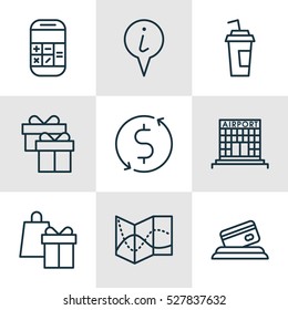 Set Of 9 Traveling Icons. Can Be Used For Web, Mobile, UI And Infographic Design. Includes Elements Such As Calculation, Credit Card, Road Map And More.