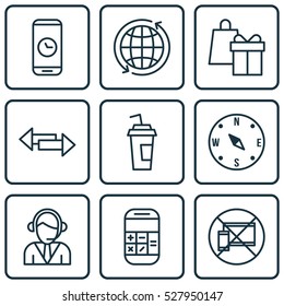 Set Of 9 Traveling Icons. Can Be Used For Web, Mobile, UI And Infographic Design. Includes Elements Such As Calculation, Locate, Shopping And More.