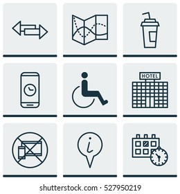 Set Of 9 Traveling Icons. Can Be Used For Web, Mobile, UI And Infographic Design. Includes Elements Such As Drink Cup, Appointment, Call Duration And More.