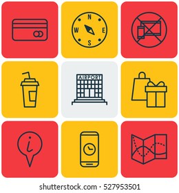 Set Of 9 Traveling Icons. Can Be Used For Web, Mobile, UI And Infographic Design. Includes Elements Such As Drink Cup, Locate, Plastic Card And More.