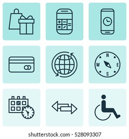 Set Of 9 Traveling Icons. Can Be Used For Web, Mobile, UI And Infographic Design. Includes Elements Such As Plastic Card, Calculation, Locate And More.
