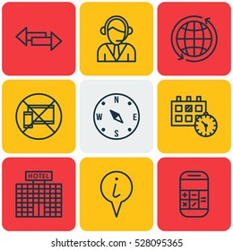 Set Of 9 Traveling Icons. Can Be Used For Web, Mobile, UI And Infographic Design. Includes Elements Such As Operator, Crossroad, Info Pointer And More.