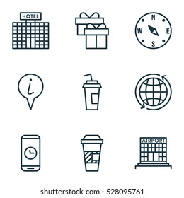 Set Of 9 Traveling Icons. Can Be Used For Web, Mobile, UI And Infographic Design. Includes Elements Such As Resort Development, Locate, Drink Cup And More.