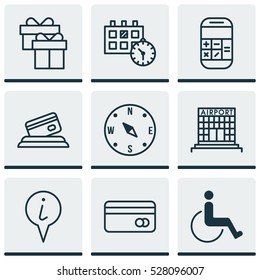 Set Of 9 Traveling Icons. Can Be Used For Web, Mobile, UI And Infographic Design. Includes Elements Such As Accessibility, Locate, Info Pointer And More.