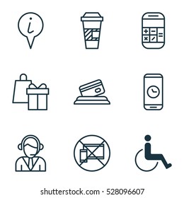 Set Of 9 Traveling Icons. Can Be Used For Web, Mobile, UI And Infographic Design. Includes Elements Such As Info Pointer, Credit Card, Shopping And More.