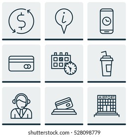 Set Of 9 Traveling Icons. Can Be Used For Web, Mobile, UI And Infographic Design. Includes Elements Such As Drink Cup, Info Pointer, Plastic Card And More.