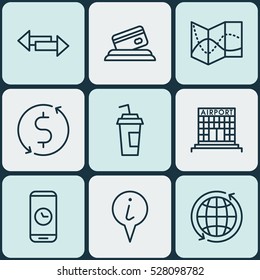 Set Of 9 Traveling Icons. Can Be Used For Web, Mobile, UI And Infographic Design. Includes Elements Such As Money Trasnfer, Call Duration, Road Map And More.