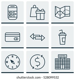 Set Of 9 Traveling Icons. Can Be Used For Web, Mobile, UI And Infographic Design. Includes Elements Such As Money Trasnfer, Road Map, Crossroad And More.