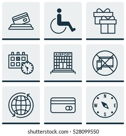Set Of 9 Traveling Icons. Can Be Used For Web, Mobile, UI And Infographic Design. Includes Elements Such As Forbidden Mobile, Airfield Manufacture, Credit Card And More.