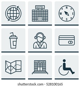 Set Of 9 Traveling Icons. Can Be Used For Web, Mobile, UI And Infographic Design. Includes Elements Such As Operator, Plastic Card, Drink Cup And More.