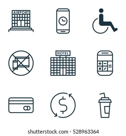 Set Of 9 Traveling Icons. Can Be Used For Web, Mobile, UI And Infographic Design. Includes Elements Such As Call Duration, Resort Development, Drink Cup And More.