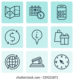 Set Of 9 Traveling Icons. Can Be Used For Web, Mobile, UI And Infographic Design. Includes Elements Such As Credit Card, Shopping, Road Map And More.