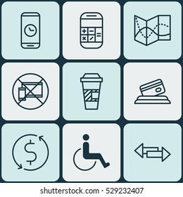 Set Of 9 Traveling Icons. Can Be Used For Web, Mobile, UI And Infographic Design. Includes Elements Such As Credit Card, Calculation, Takeaway Coffee And More.