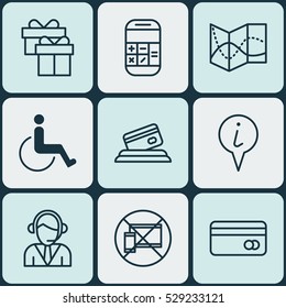 Set Of 9 Traveling Icons. Can Be Used For Web, Mobile, UI And Infographic Design. Includes Elements Such As Info Pointer, Accessibility, Road Map And More.