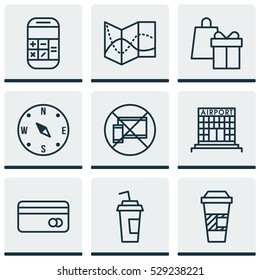 Set Of 9 Traveling Icons. Can Be Used For Web, Mobile, UI And Infographic Design. Includes Elements Such As Locate, Forbidden Mobile, Calculation And More.