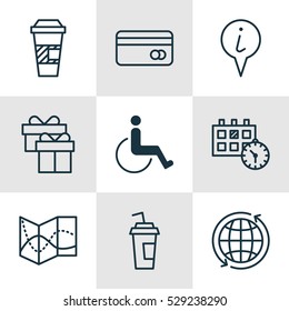 Set Of 9 Traveling Icons. Can Be Used For Web, Mobile, UI And Infographic Design. Includes Elements Such As World, Present, Drink Cup And More.