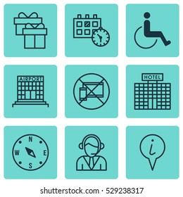 Set Of 9 Traveling Icons. Can Be Used For Web, Mobile, UI And Infographic Design. Includes Elements Such As Operator, Locate, Accessibility And More.