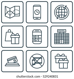 Set Of 9 Traveling Icons. Can Be Used For Web, Mobile, UI And Infographic Design. Includes Elements Such As Calculation, Credit Card, Resort Development And More.