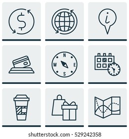 Set Of 9 Traveling Icons. Can Be Used For Web, Mobile, UI And Infographic Design. Includes Elements Such As Locate, Appointment, Shopping And More.