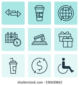 Set Of 9 Traveling Icons. Can Be Used For Web, Mobile, UI And Infographic Design. Includes Elements Such As Present, Takeaway Coffee, Drink Cup And More.