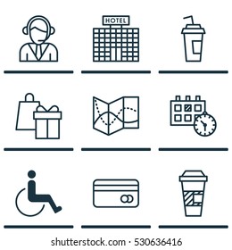 Set Of 9 Traveling Icons. Can Be Used For Web, Mobile, UI And Infographic Design. Includes Elements Such As Appointment, Shopping, Takeaway Coffee And More.