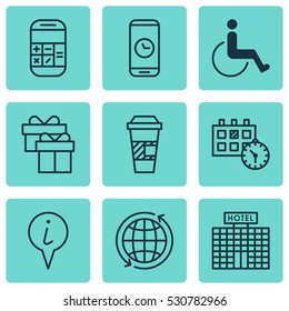 Set Of 9 Traveling Icons. Can Be Used For Web, Mobile, UI And Infographic Design. Includes Elements Such As Appointment, Info Pointer, Accessibility And More.