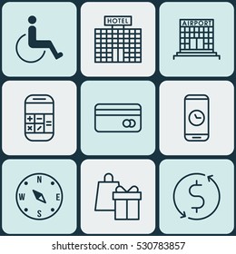 Set Of 9 Traveling Icons. Can Be Used For Web, Mobile, UI And Infographic Design. Includes Elements Such As Money Trasnfer, Resort Development, Accessibility And More.