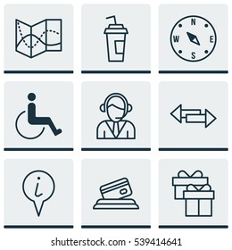 Set Of 9 Traveling Icons. Includes Crossroad, Road Map, Locate And Other Symbols. Beautiful Design Elements.