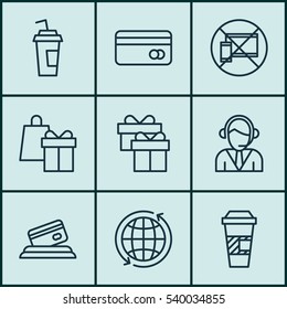 Set Of 9 Traveling Icons. Includes Forbidden Mobile, Operator, Drink Cup And Other Symbols. Beautiful Design Elements.
