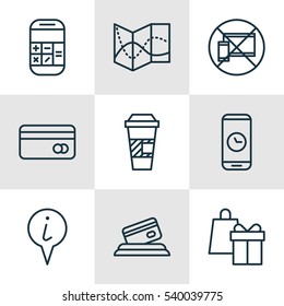 Set Of 9 Traveling Icons. Includes Shopping, Call Duration, Plastic Card And Other Symbols. Beautiful Design Elements.
