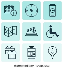 Set Of 9 Traveling Icons. Includes Info Pointer, Calculation, Appointment And Other Symbols. Beautiful Design Elements.