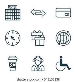 Set Of 9 Traveling Icons. Includes World, Takeaway Coffee, Locate And Other Symbols. Beautiful Design Elements.