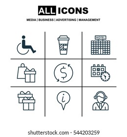 Set Of 9 Traveling Icons. Includes Takeaway Coffee, Present, Money Trasnfer And Other Symbols. Beautiful Design Elements.