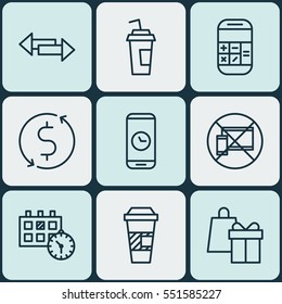 Set Of 9 Traveling Icons. Includes Forbidden Mobile, Money Trasnfer, Calculation And Other Symbols. Beautiful Design Elements.