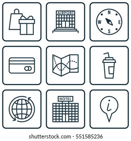 Set Of 9 Traveling Icons. Includes World, Airfield Manufacture, Shopping And Other Symbols. Beautiful Design Elements.