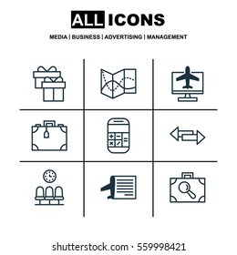 Set Of 9 Traveling Icons. Includes Timetable, Crossroad, Internet Ticket And Other Symbols. Beautiful Design Elements.