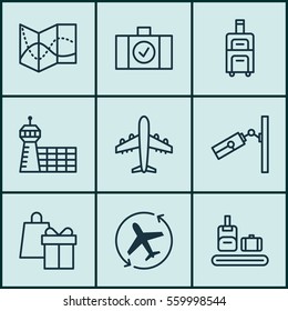 Set Of 9 Traveling Icons. Includes Aircraft Arrow, Airport Building, Briefcase Scanner And Other Symbols. Beautiful Design Elements.