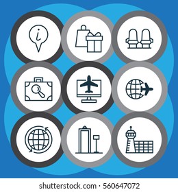 Set Of 9 Traveling Icons. Includes Security Scanner, World, Airport Building And Other Symbols. Beautiful Design Elements.