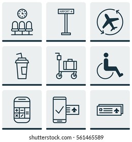 Set Of 9 Traveling Icons. Includes Drink Cup, Airport Card, Calculation And Other Symbols. Beautiful Design Elements.