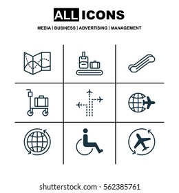 Set Of 9 Traveling Icons. Includes Stair Lift, Worldwide Flight, Flight Path And Other Symbols. Beautiful Design Elements.