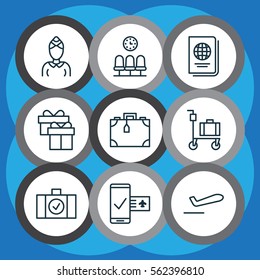 Set Of 9 Traveling Icons. Includes Suitcase Pushcart, Hostess, Suitcase And Other Symbols. Beautiful Design Elements.