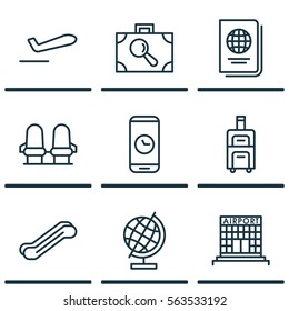 Set Of 9 Traveling Icons. Includes Armchair, Baggage Research, Identification Document And Other Traveling Icons Symbols. Beautiful Design Elements.