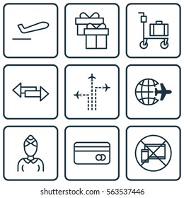 Set Of 9 Traveling Icons. Includes Crossroad, Airliner Takeoff, Present And Other Symbols. Beautiful Design Elements.