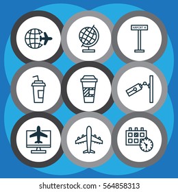 Set Of 9 Traveling Icons. Includes Worldwide Flight, Airliner, Appointment And Other Symbols. Beautiful Design Elements.