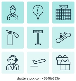 Set Of 9 Traveling Icons. Includes Resort Development, Airplane Information, Airliner Takeoff And Other Symbols. Beautiful Design Elements.