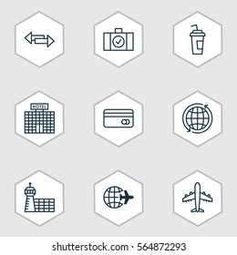 Set Of 9 Traveling Icons. Includes Luggage Scanner, Plastic Card, Crossroad And Other Symbols. Beautiful Design Elements.