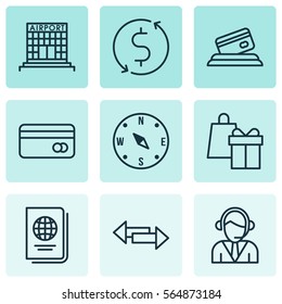 Set Of 9 Traveling Icons. Includes Plastic Card, Credit Card, Airfield Manufacture And Other Symbols. Beautiful Design Elements.