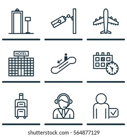 Set Of 9 Traveling Icons. Includes Escalator Down, Resort Development, Operator And Other Symbols. Beautiful Design Elements.