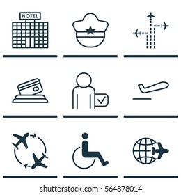 Set Of 9 Traveling Icons. Includes Flight Path, Accessibility, Worldwide Flight And Other Symbols. Beautiful Design Elements.